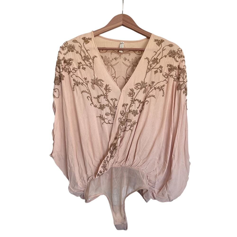 Free People Pretty in Peach Summer Lover Beaded Embroidery Wrap Bodysuit Small - Picture 3 of 14